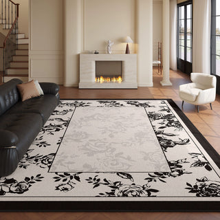 Easy Clean Rug Elegant Black and White Floral Border Spillproof Pet-Friendly Boho Living Room Large Area Rug