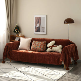 Festive Luxurious Soft Sofa Cover with Pompom Ball Decorations for Holiday Cheer