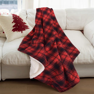 Reversible Plaid Moose Sherpa Blanket Cozy Red & Black Tartan with Festive Holiday Warmth