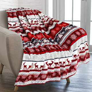 Super Soft Reindeer Plush Throw Cozy Holiday Blanket with Snowflakes & Red Accents