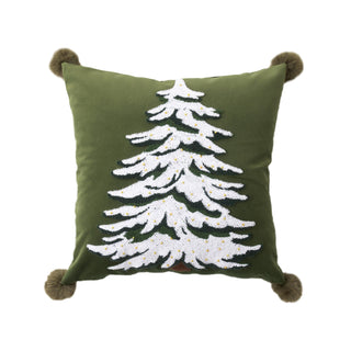 Classic Christmas Tree Throw Pillow Set Embroidered Holiday Design with Pom Pom Accents