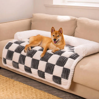 Cream Square Plaid Cozy Dog Mat Furniture Protector Cover