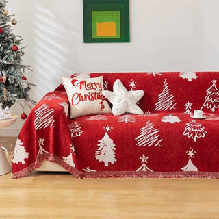 Merry Christmas Chenille Sofa Cover Festive Red with Tree & Star Design for Holiday Decor