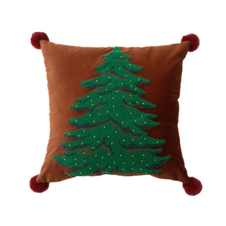 Classic Christmas Tree Throw Pillow Set Embroidered Holiday Design with Pom Pom Accents