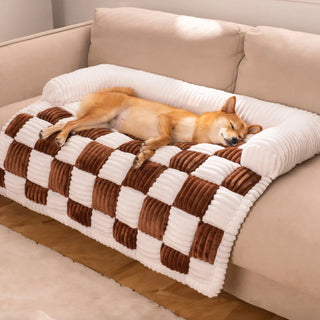 Cream Square Plaid Cozy Dog Mat Furniture Protector Cover